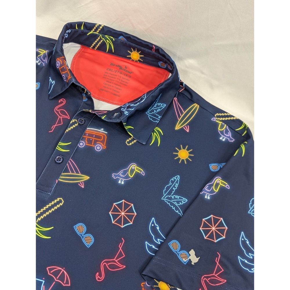New No Tags Birdie Bound Bright Neon Flamingo Tropical Golf Polo 2XL Blue